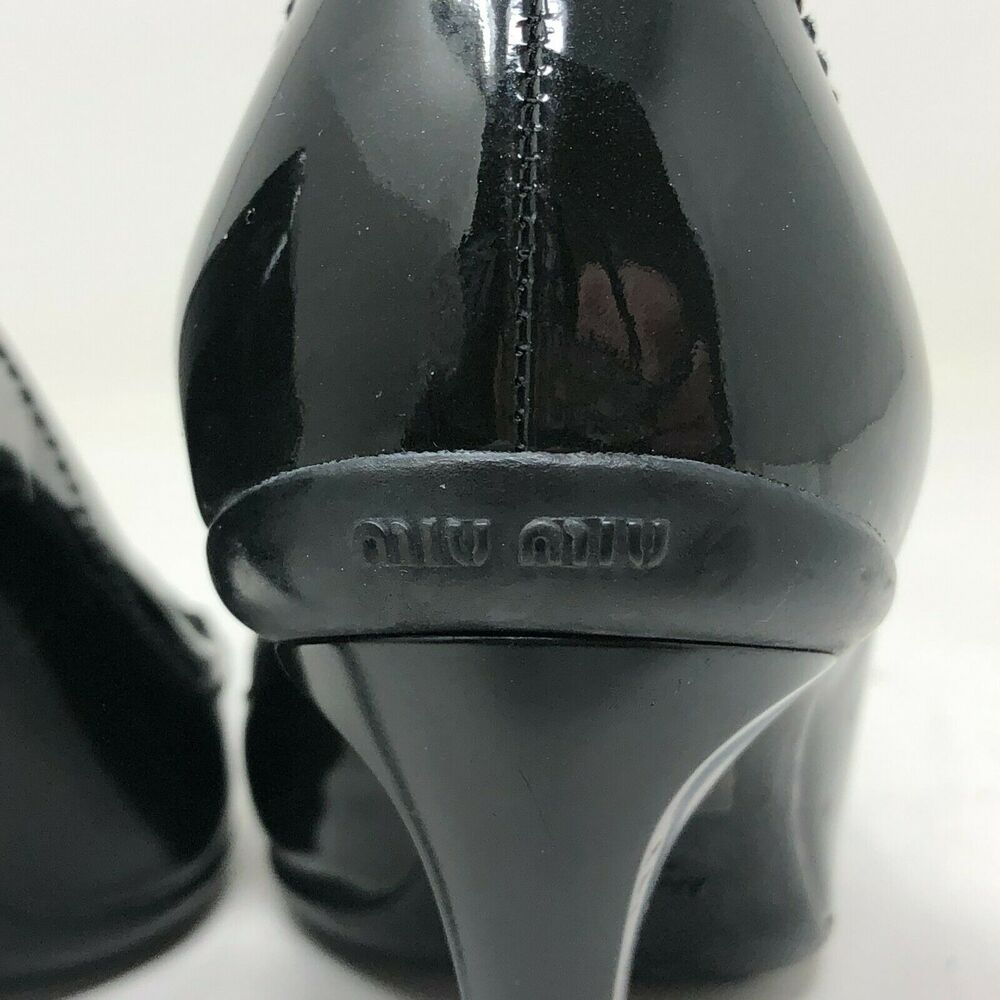 Miu Miu Women's Size 35.5 Pointed Toe Black Patent Leather Penny Loafer Heel - Picture 6 of 9